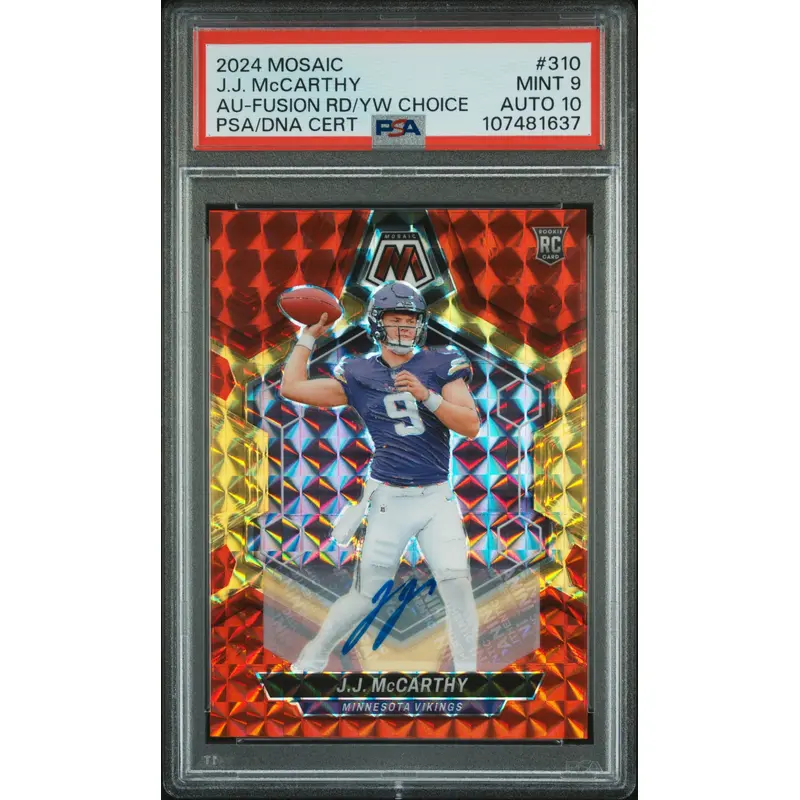 JJ McCarthy 2024 Panini Mosaic Fusion Red/Yellow Choice Auto PSA 9 Auto 10