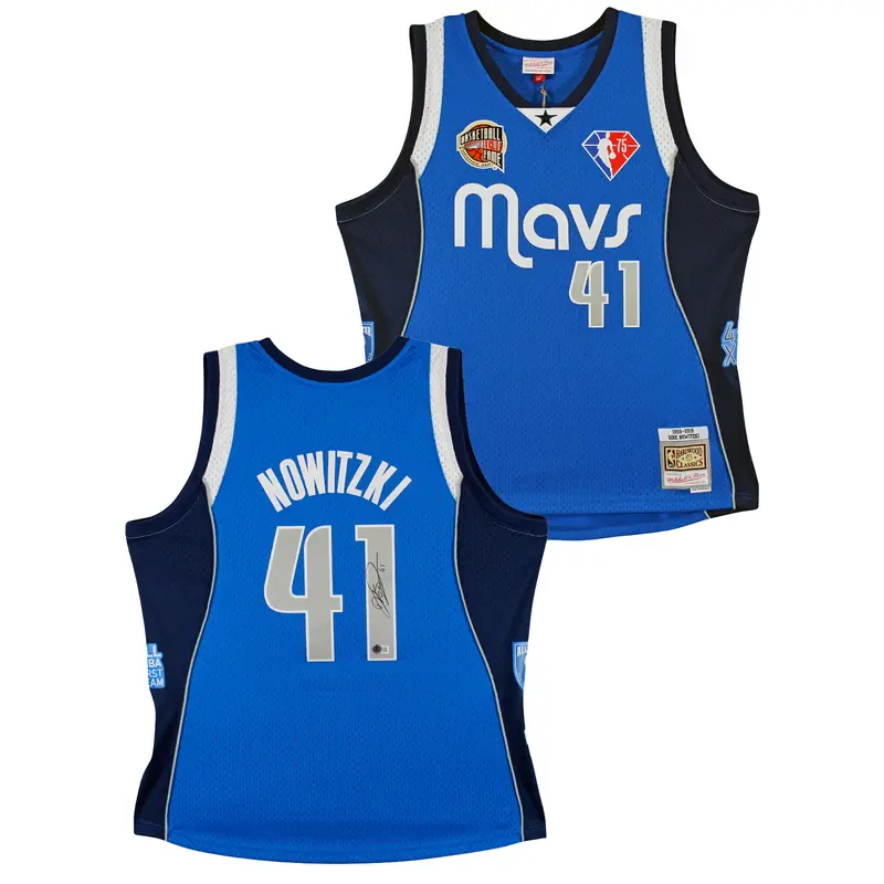 Mavs Dirk Nowitzki Signed Blue M&N HOF Class of 2023 TB HWC Swingman Jersey BAS