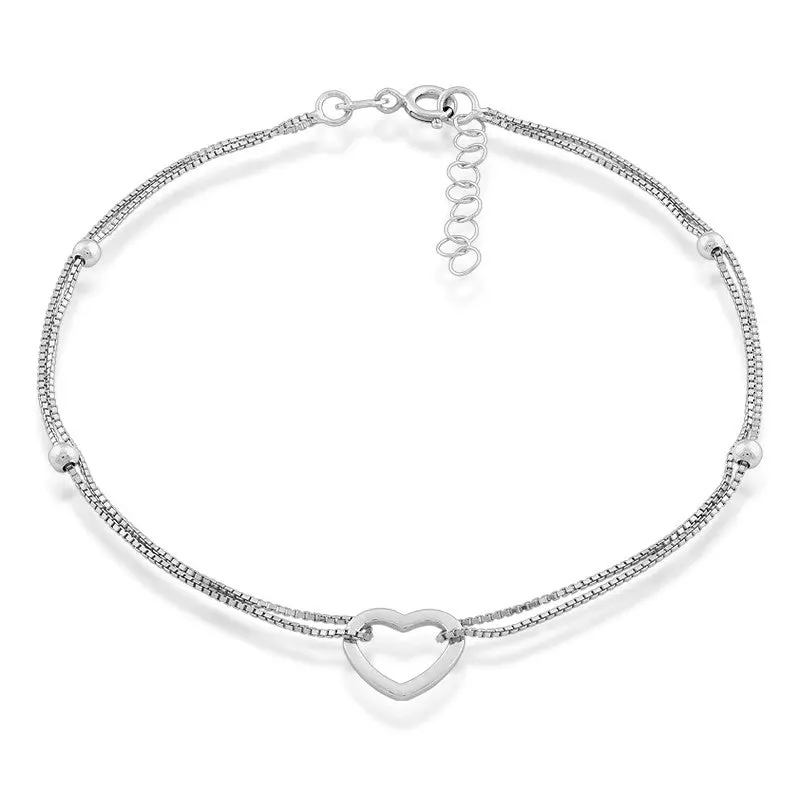 Sterling Silver, Double Strand Open Heart Anklet