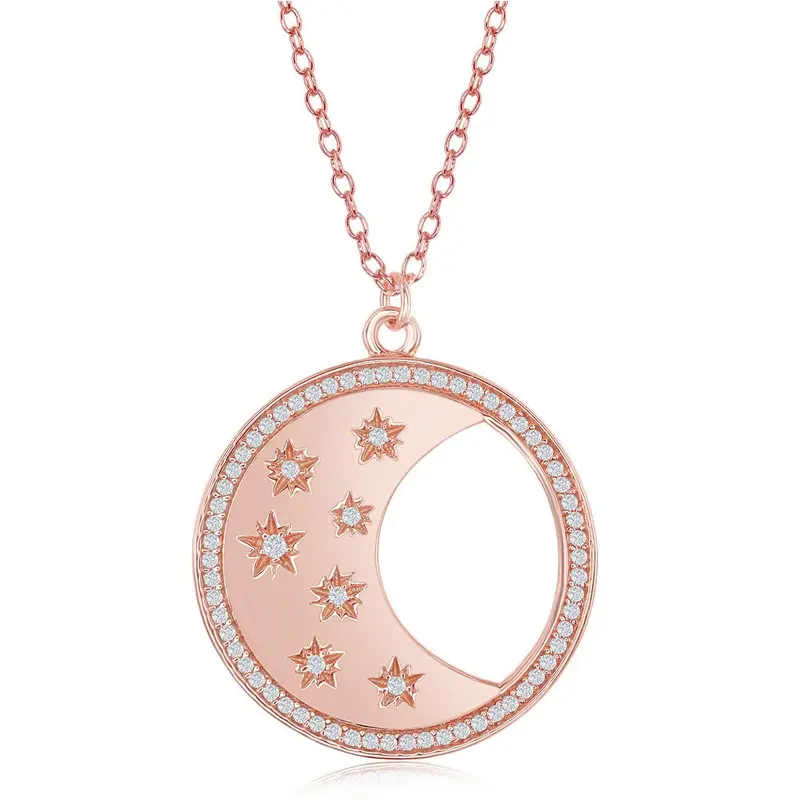 Sterling Silver Circle with Crescent Moon & CZ Stars Center Necklace - Rose Gold Plated