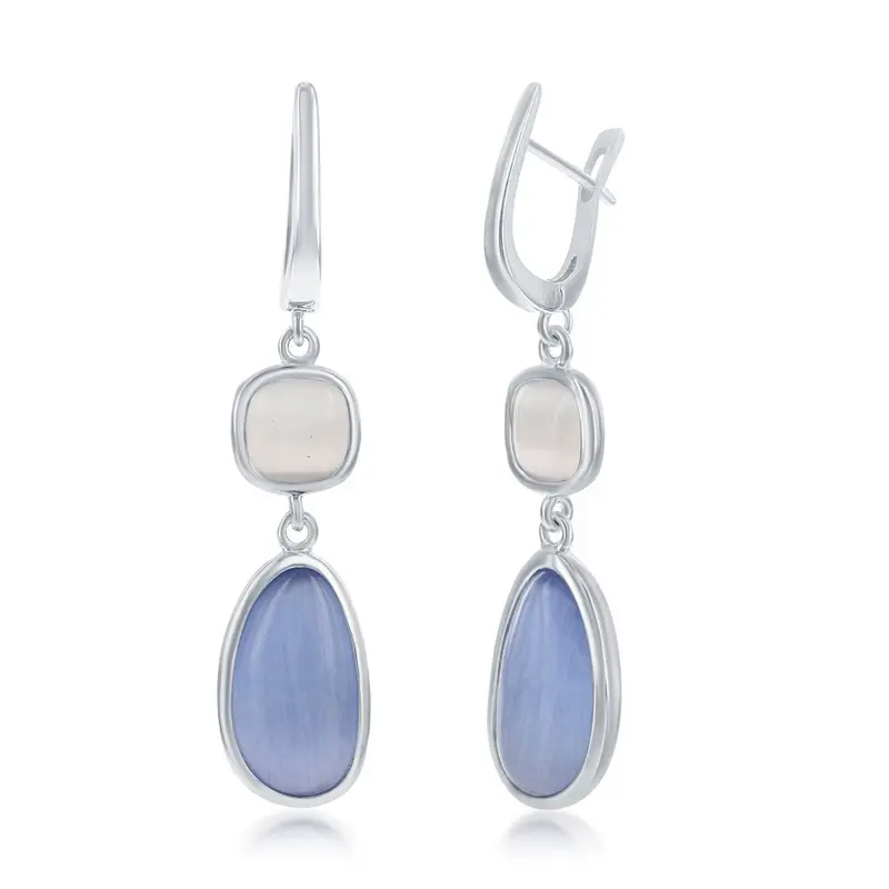 Sterling Silver Irregular Blue Gray and Square Light Gray Cat's Eye Earrings