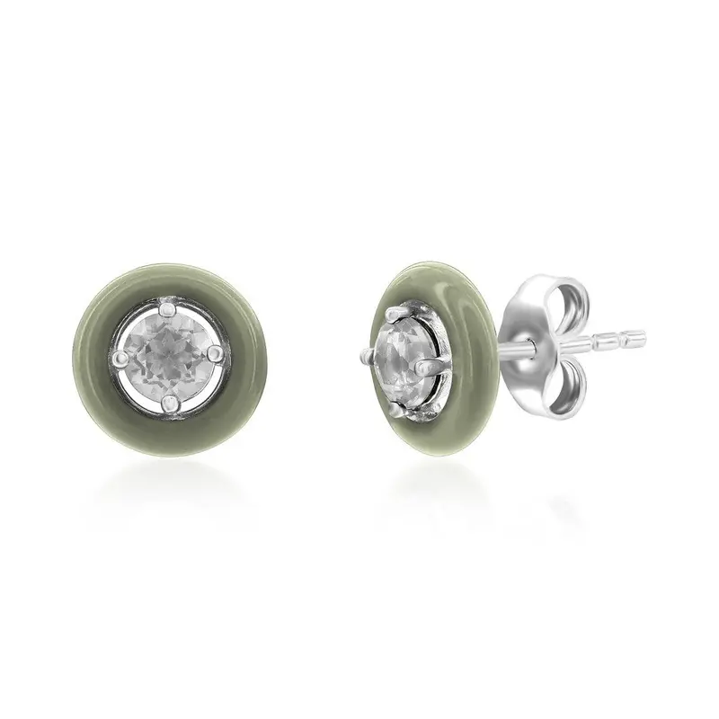 Sterling Silver Enamel & Gemstone Halo Studs  - White Topaz