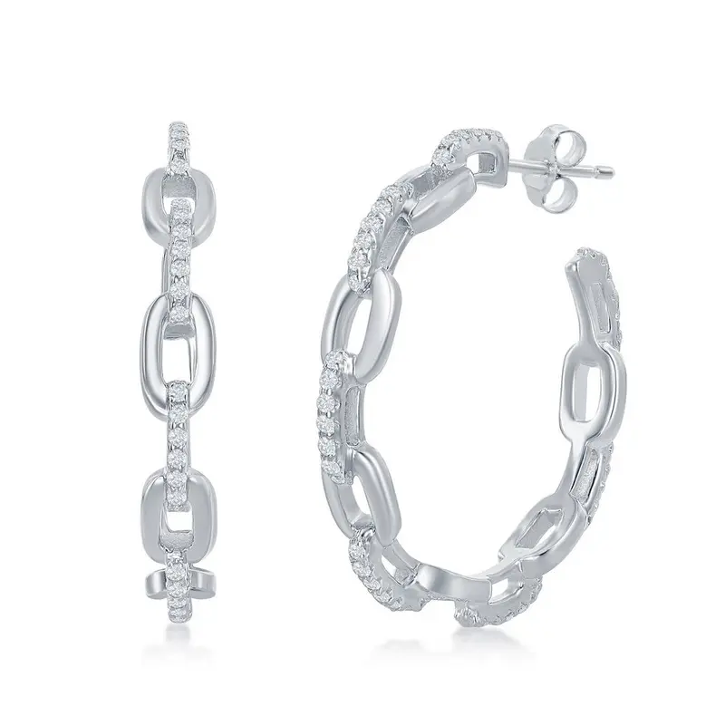 Sterling Silver, 32mm Paperclip CZ Open Hoop Earrings