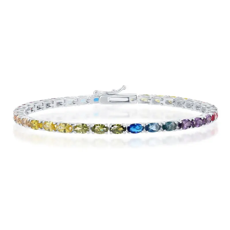 Sterling Silver Oval Rainbow CZ Tennis Bracelet