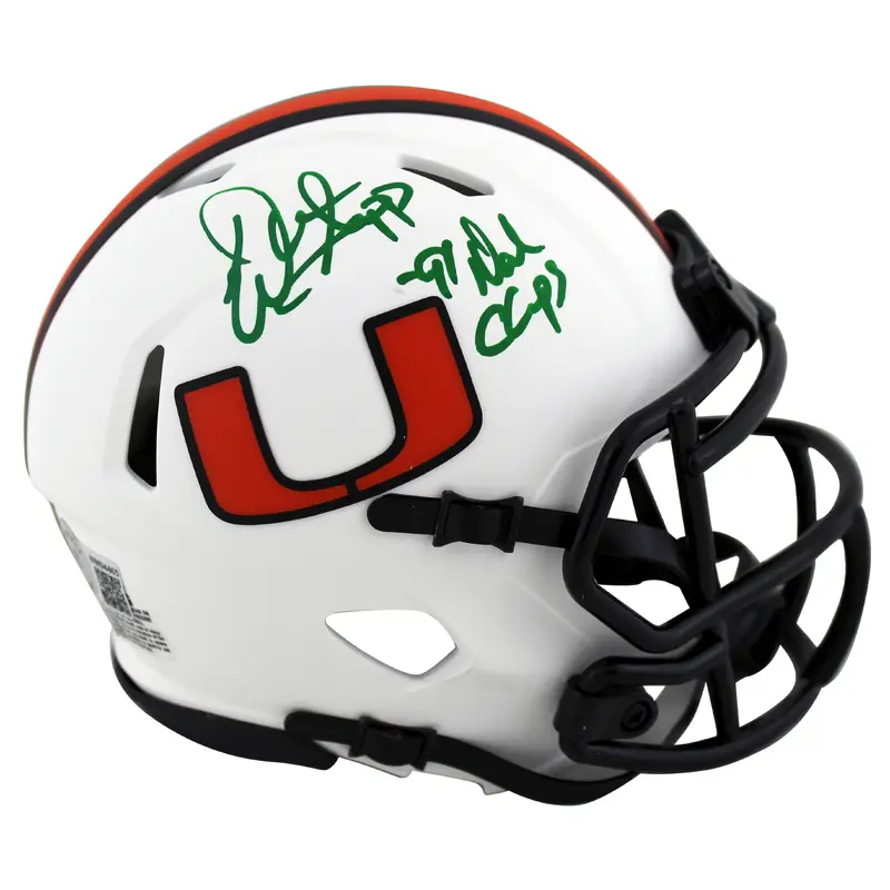Warren Sapp "91 Champs" Signed Lunar Speed Mini Helmet w/ Green Sig BAS Witness