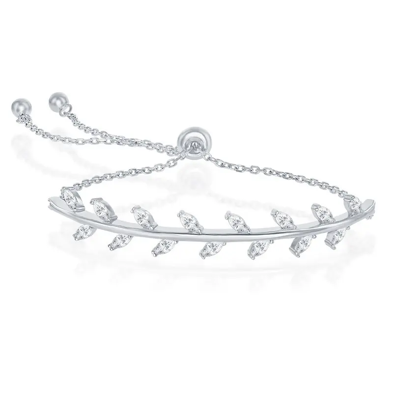 Sterling Silver CZ Leaf Design Adjustable Bolo Bracelet - Rhodum Plated