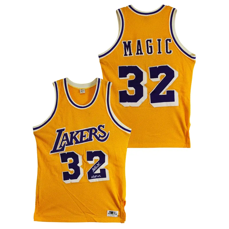Lakers Magic Johnson "HOF 02" Signed Yellow MacGregor Sand-Knit Jersey BAS Wit 5
