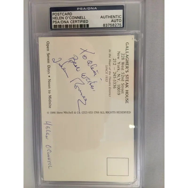 Rare Helen O'Connell Signed Vintage Gallagher's Steak House Post Card PSA DNA