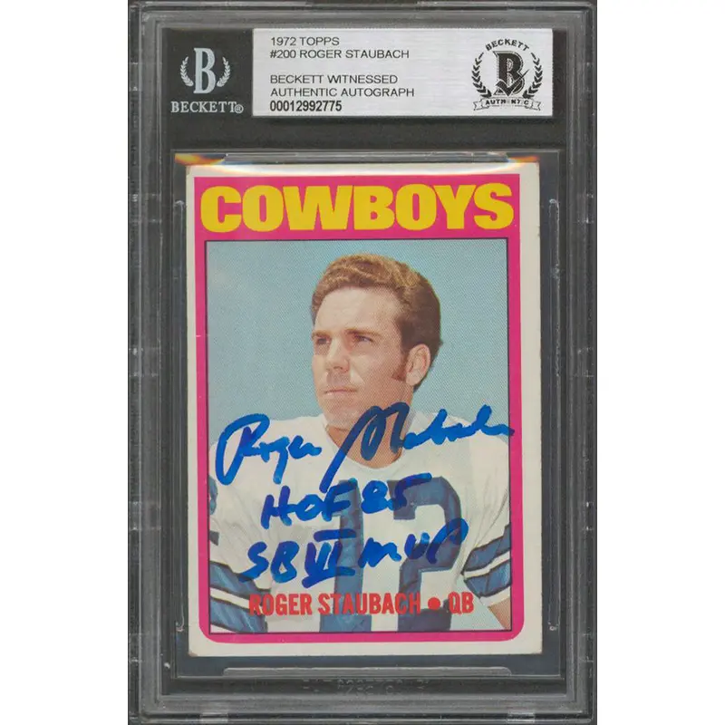 Cowboys Roger Staubach "2x Insc" Signed 1972 Topps #200 RC Card BAS Slabbed 1