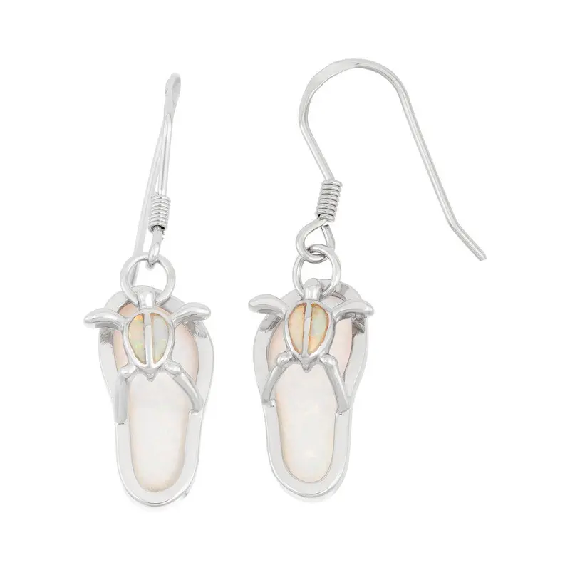 Sterling Silver White Inlay Opal Flip Flop with Turtle Earrings