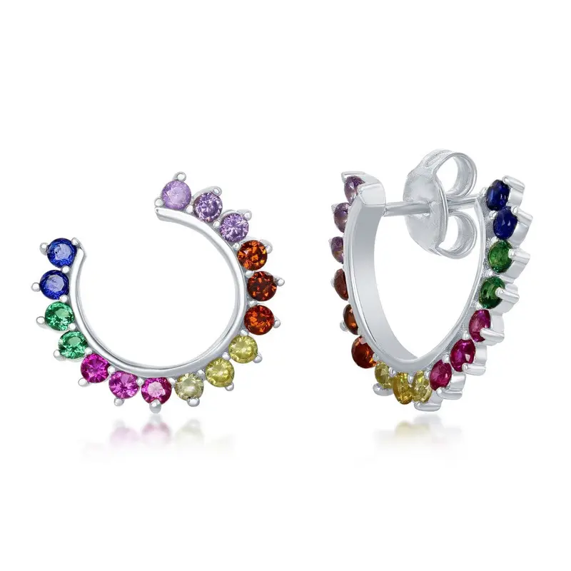 Sterling Silver Rainbow CZ Open Hoop Stud Earrings