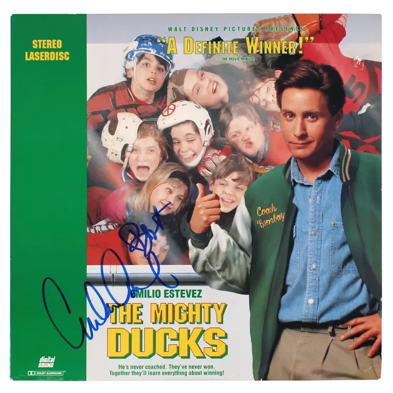 Emilio Estevez Signed Mighty Ducks Laser Disk Cover Without Disc BAS #BG83156