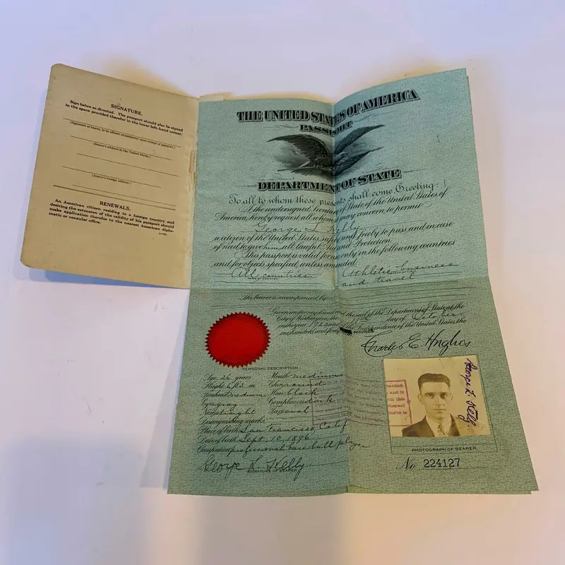 Historic George Kelly 1922 Signed Original US Passport Tour Of Japan JSA COA HOF