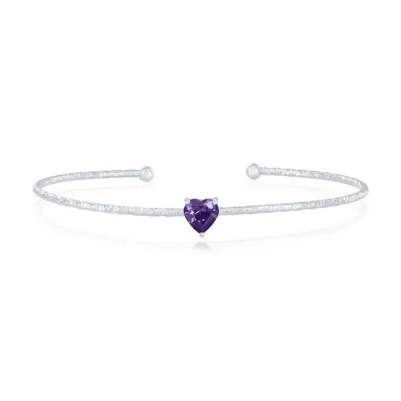 Sterling Silver, 'February' Birthstone CZ Heart Bangle - Amethyst
