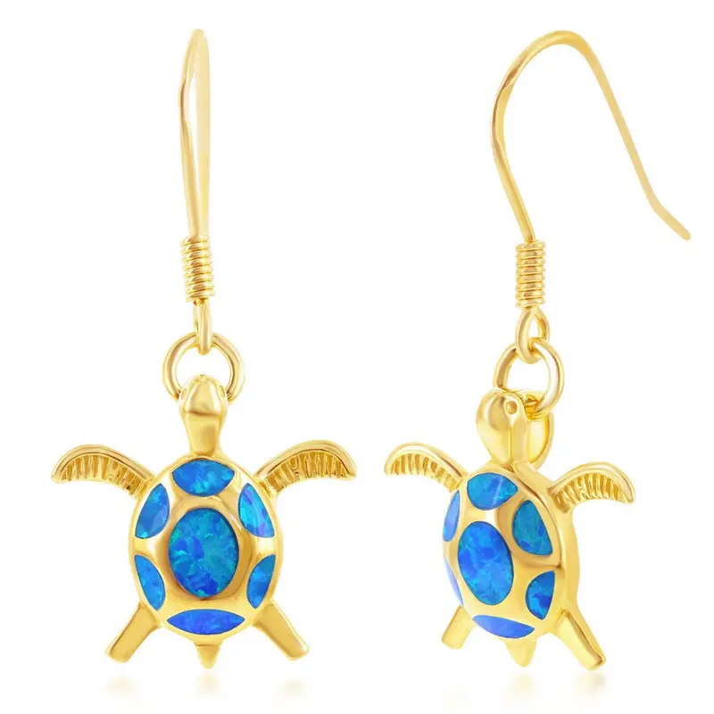 Sterling Silver Blue Inlay Opal Turtle Earrings - Gold Plated