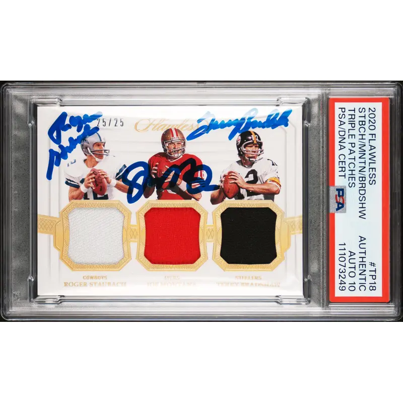 (3) Staubach, Montana, Bradshaw Signed 2020 Flawless #TP18 Card Auto 10 PSA Slab