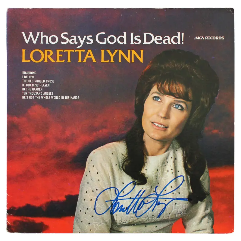 Loretta Lynn Authentic Signed Who Says God Is Dead Album Cover BAS #BH027838