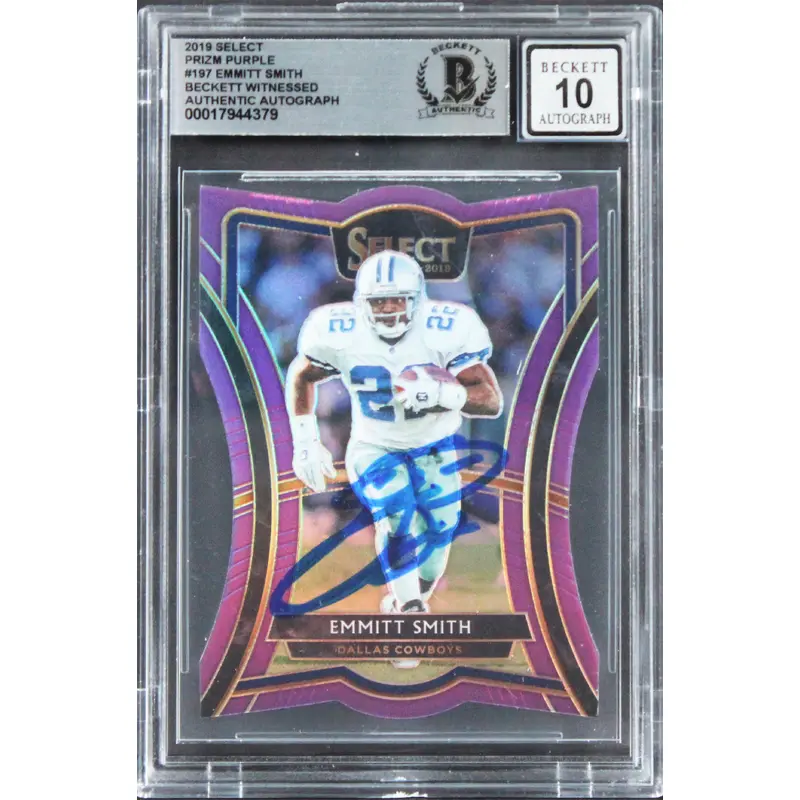 Cowboys Emmitt Smith Signed 2019 Select Prizm Purple #197 Card Auto 10! BAS Slab