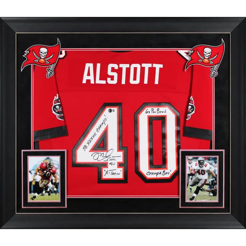 Buccaneers Mike Alstott "4x Insc" Signed Red M&N TB Framed Jersey BAS Witness