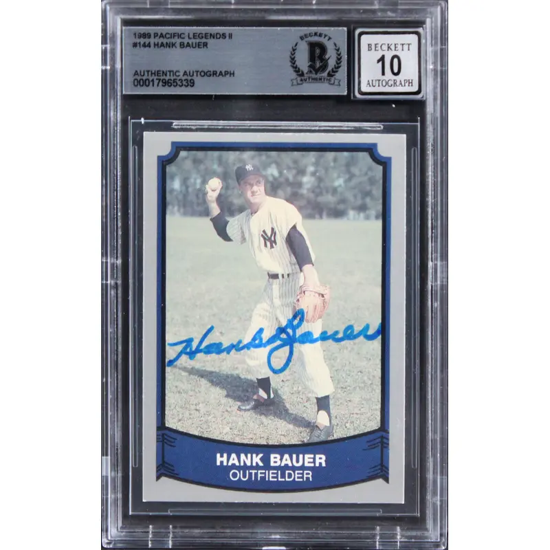 Yankees Hank Bauer Signed 1989 Pacific Legends II #144 Card Auto 10! BAS Slabbed
