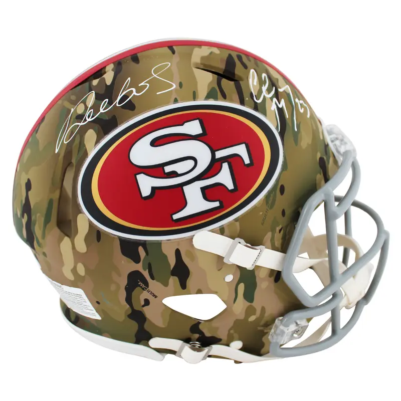 Christian McCaffrey & Deebo Samuel Signed Camo F/S Speed Proline Helmet JSA Wit