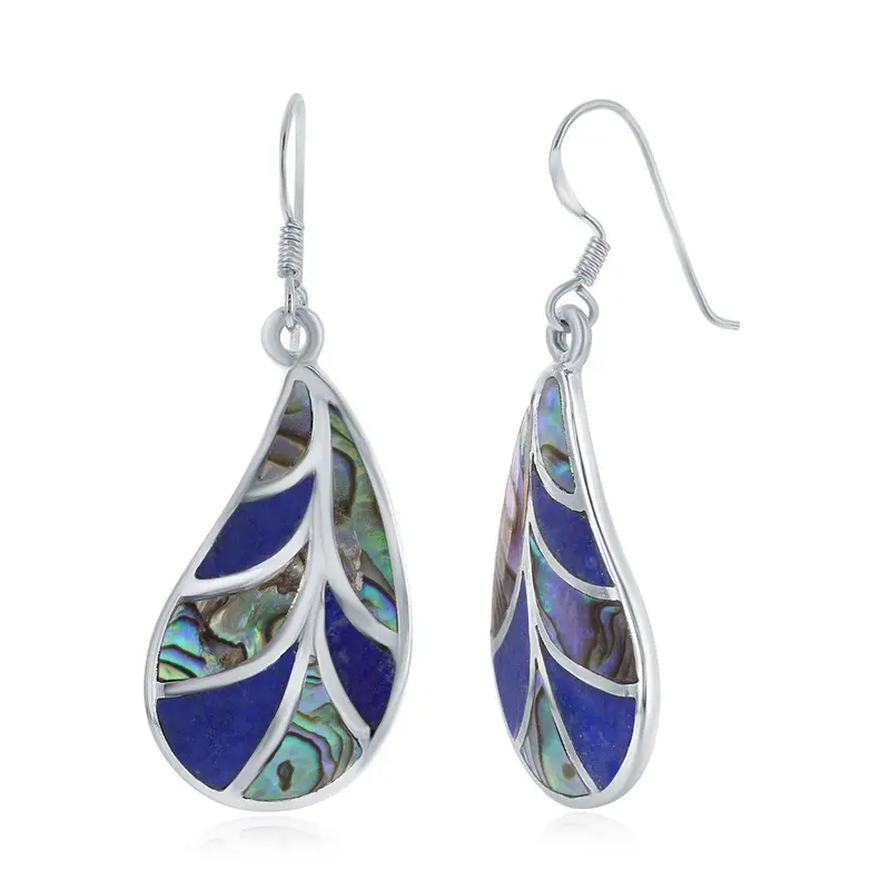 Sterling Silver Abalone and Lapis Leaf Earrings