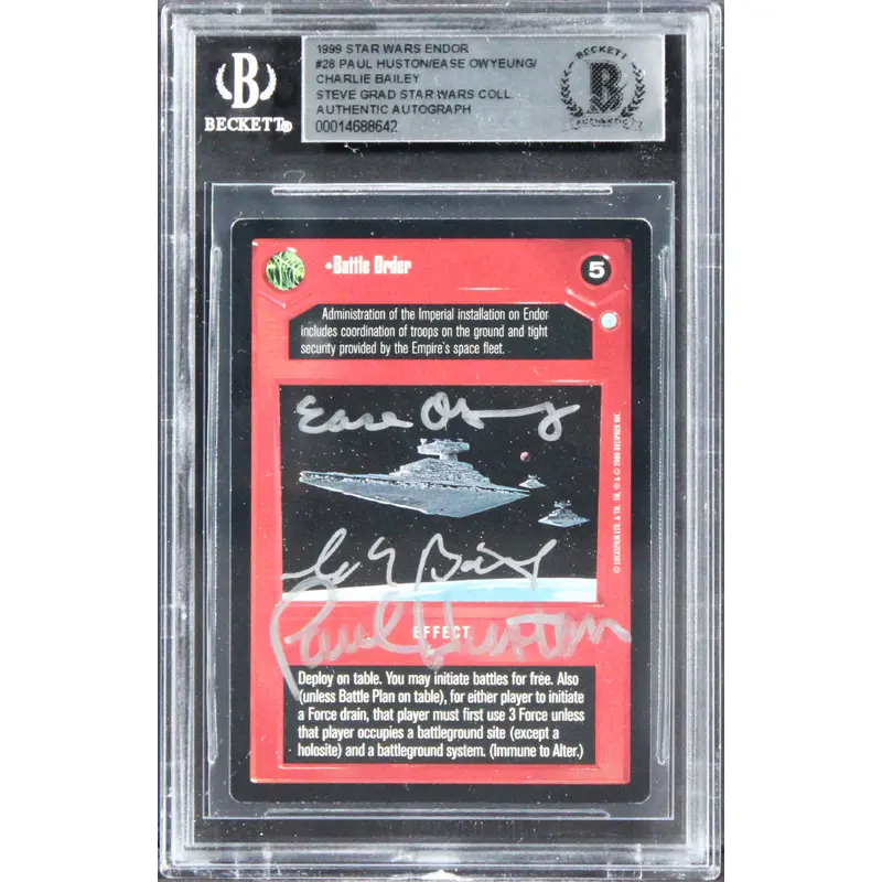 Star Wars (3) Huston, Owyeung & Bailey Signed 1999 SW Endor #28 Card BAS Slabbed
