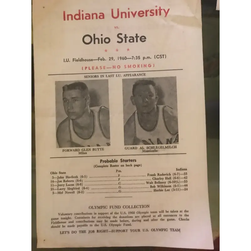 1960 Indiana University vs Ohio State Basketball Program, OSU NCAA Champs, Bob Knight