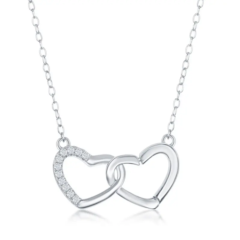 Sterling Silver, Half CZ Heart Interlocking Necklace