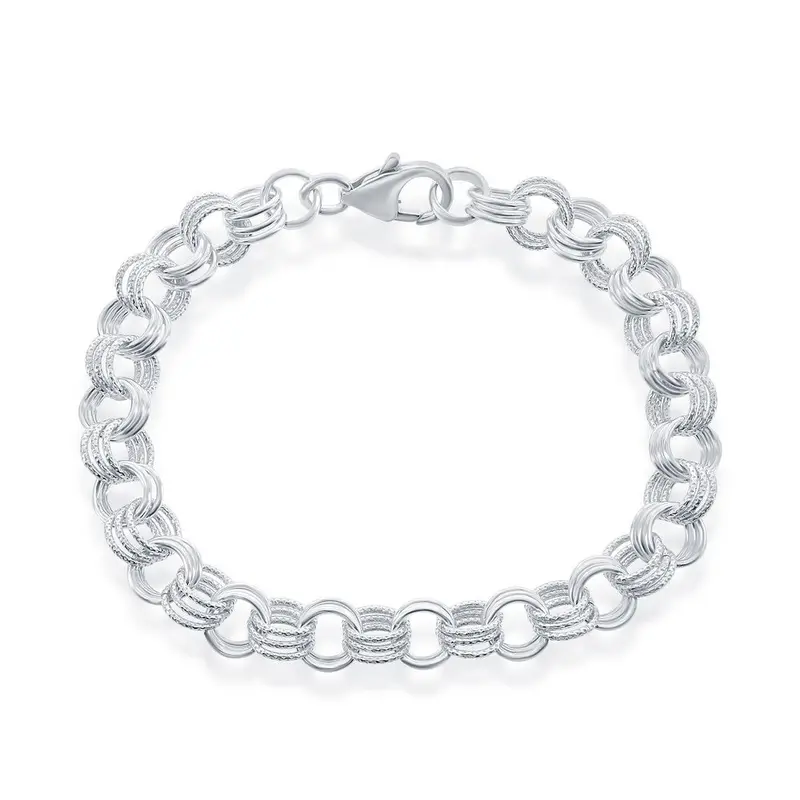 Sterling Silver, Alternating Circle and Designed Triple Circle Charm Link Bracelet