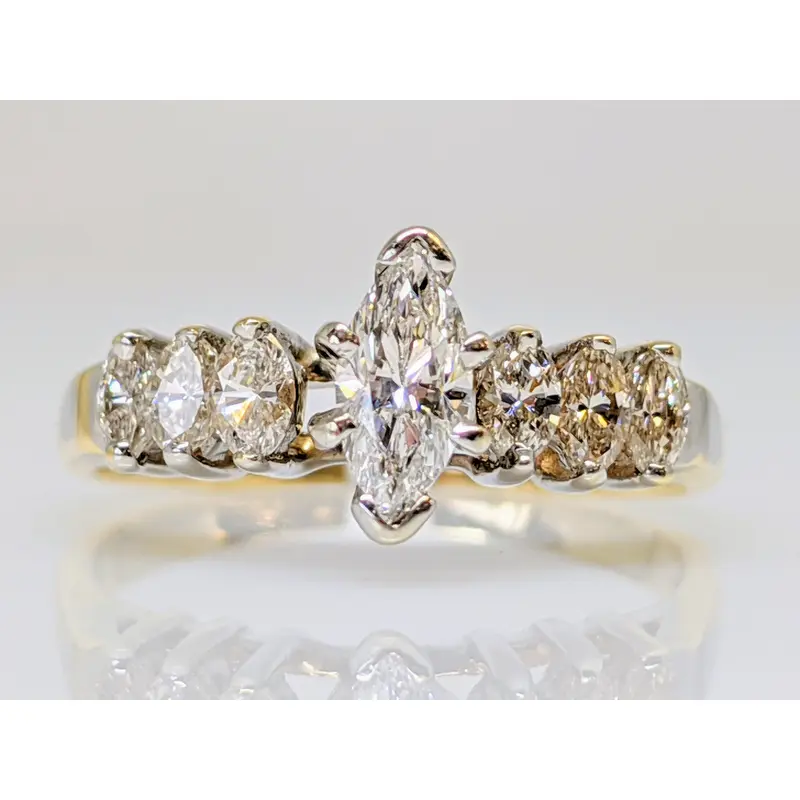14K .53 CARAT TOTAL WEIGHT I1 G-I DIAMOND MARQUISE CUT (7) ESTATE RING 2.3 GRAMS
