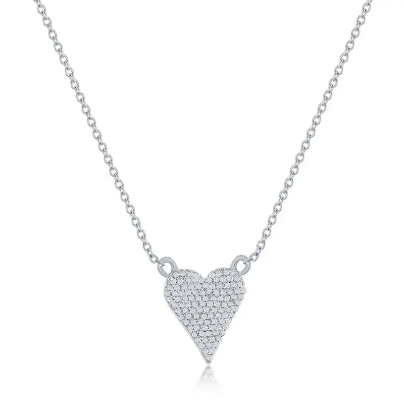 Sterling Silver, Heart Design Diamond Necklace - (107 Stones)