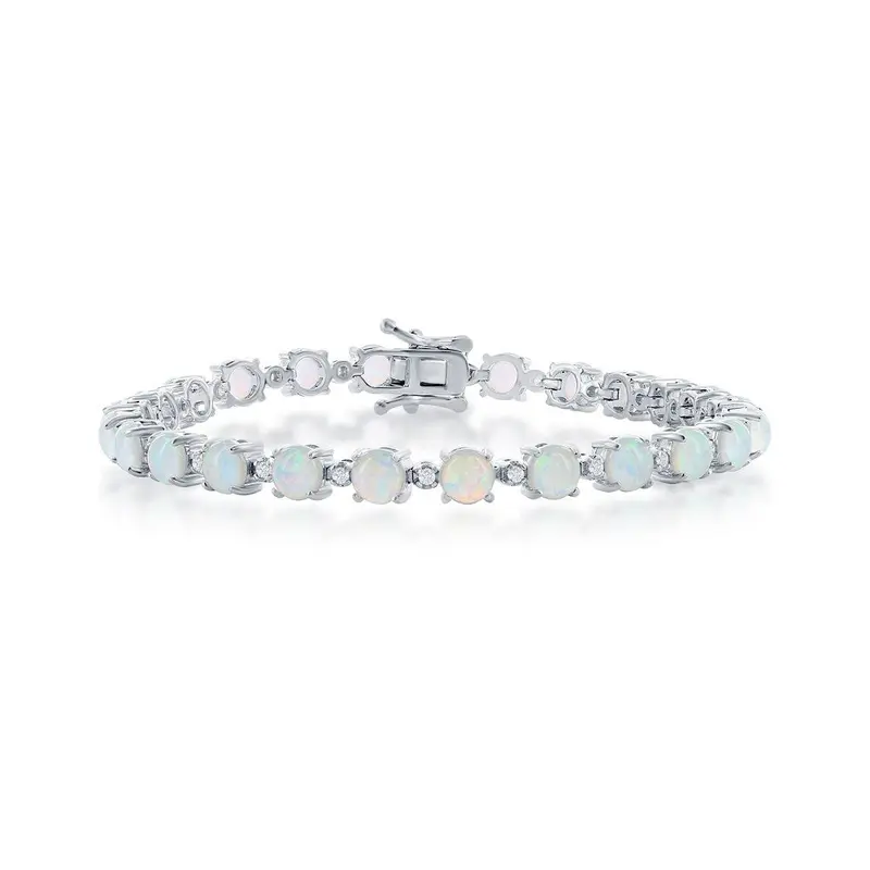 Sterling Silver, Alternating Round White Opal & CZ Tennis Bracelet