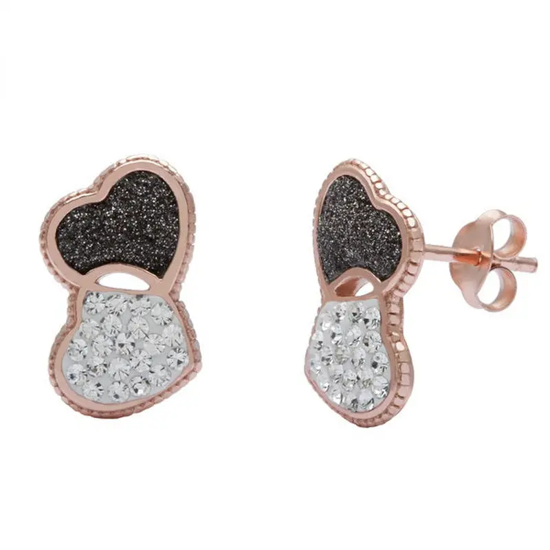 Sterling Silver Rose-Plated Black Sparkle and White Crystal Double Heart Earrings