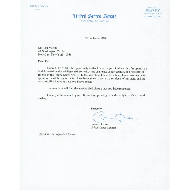 Barack Obama Signed 8.5x11 2006 Letter On US Senate Letterhead JSA #X67907
