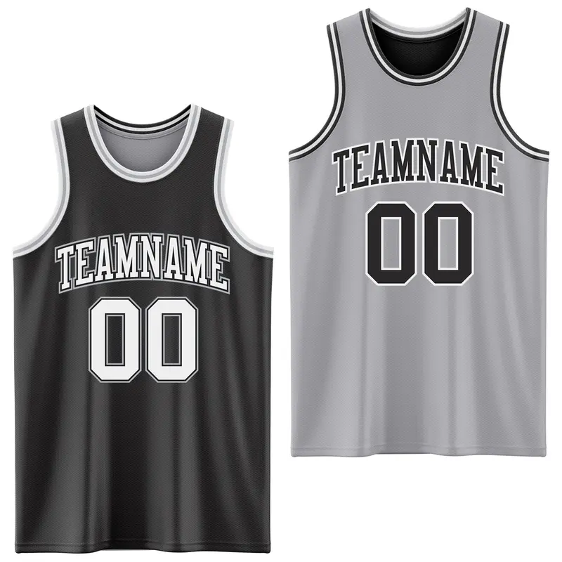 Custom Reversible Black White-Gray Double Side Sublimation Basketball Suit Jersey