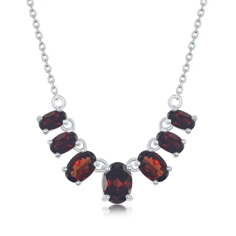 Sterling Silver Graduating Oval Gemstone Necklace - Garnet