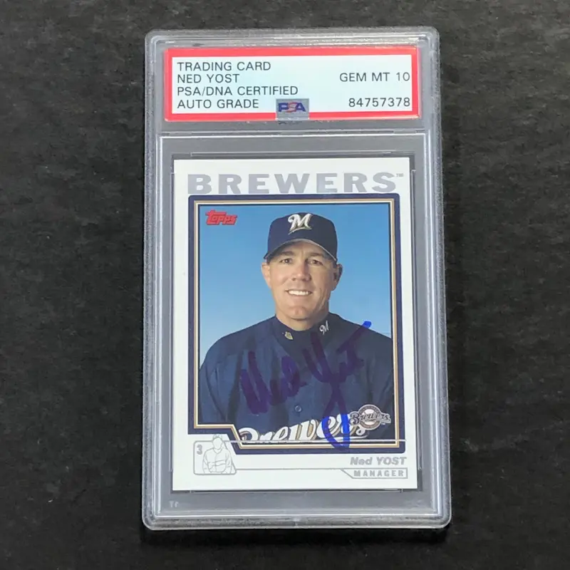 2004 Topps #282 Ned Yost Signed Card AUTO 10 PSA Slabbed Brewers