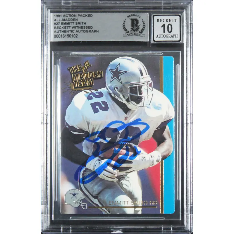Cowboys Emmitt Smith Signed 1991 Action Packed AM #27 Card Auto 10! BAS Slabbed