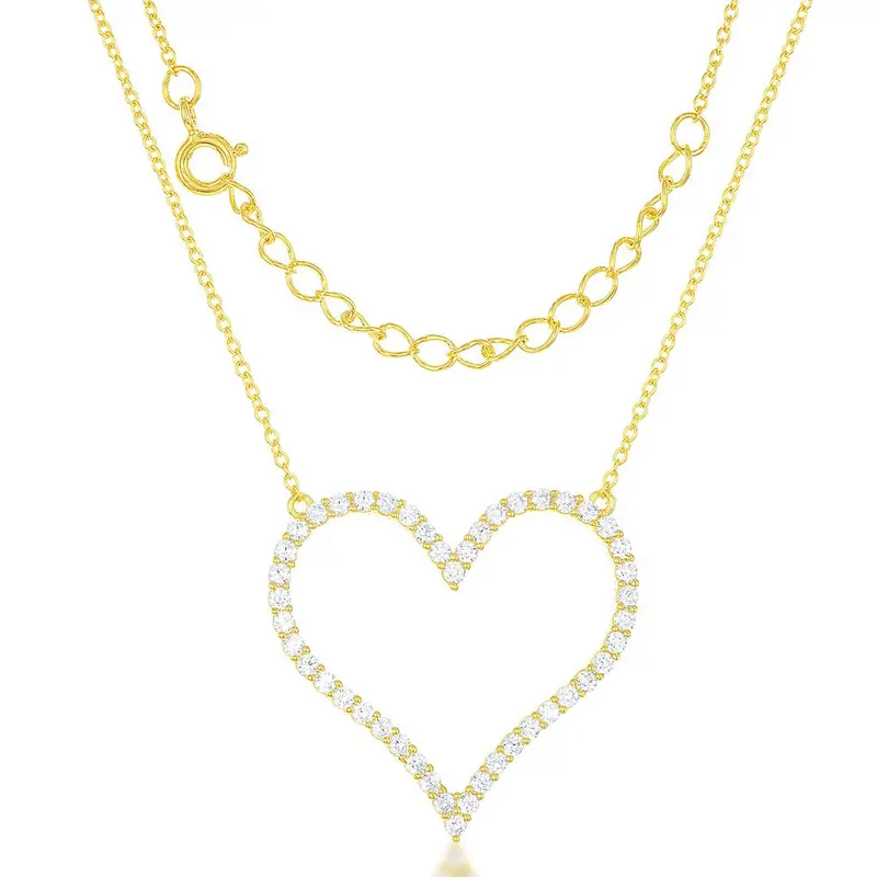 Sterling Silver Large Open CZ Heart Necklace - Gold Plated