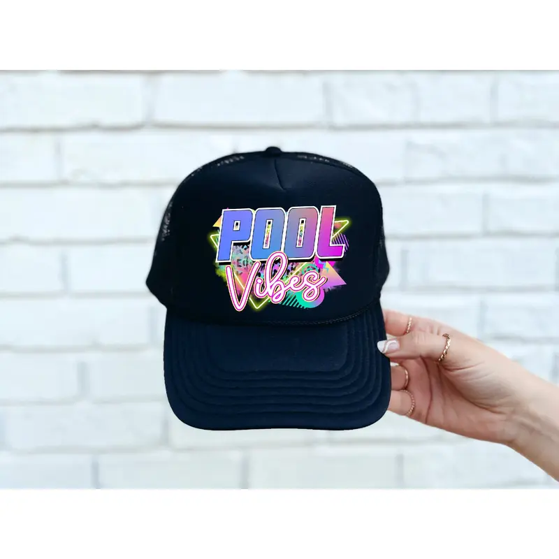 Pool Vibes DTF Printed Black Trucker Hat