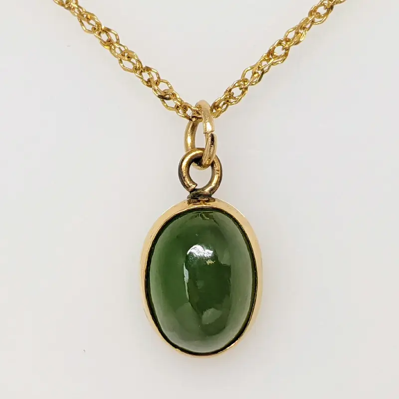 14K JADE OVAL 4X6 CABACHON BEZEL ESTATE PENDANT 1.9 GRAMS