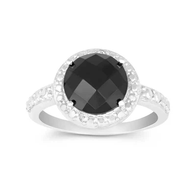 Sterling Silver Diamond Border with Center Round Stone Ring - Onyx