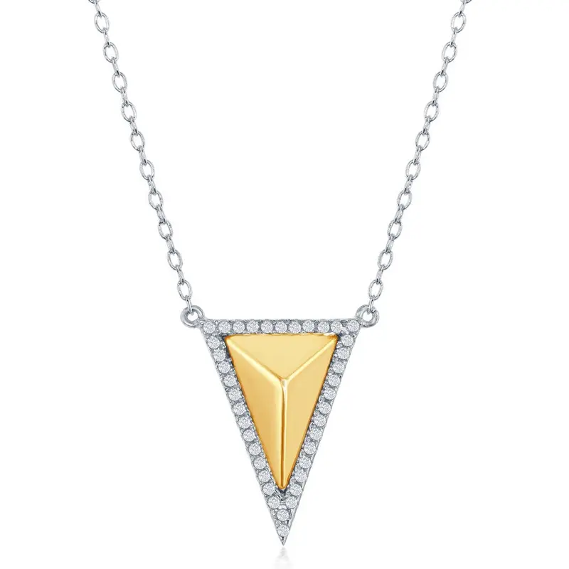 Sterling Silver GP Pyramid Style Triangle with CZ Border Necklace