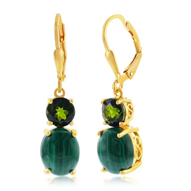 Sterling Silver Oval Malachite w/ Round Chrome Diopside Earrings - Gold Plated